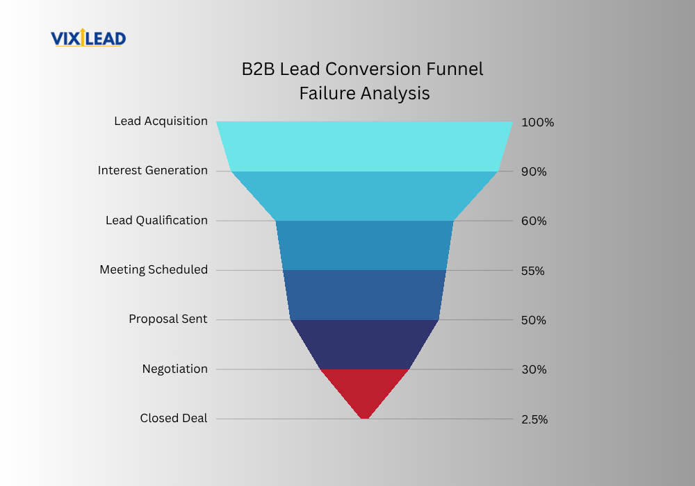 B2B lead conversion funnel showing where AI-generated leads drop out, with 7 critical failure points highlighted and conversion percentages at each stage