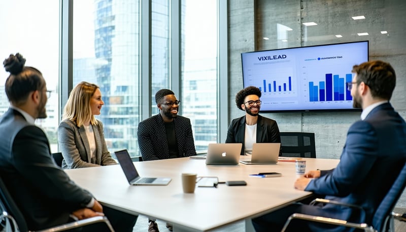 Business professionals discuss AI-driven revenue strategies at VIXILEAD office