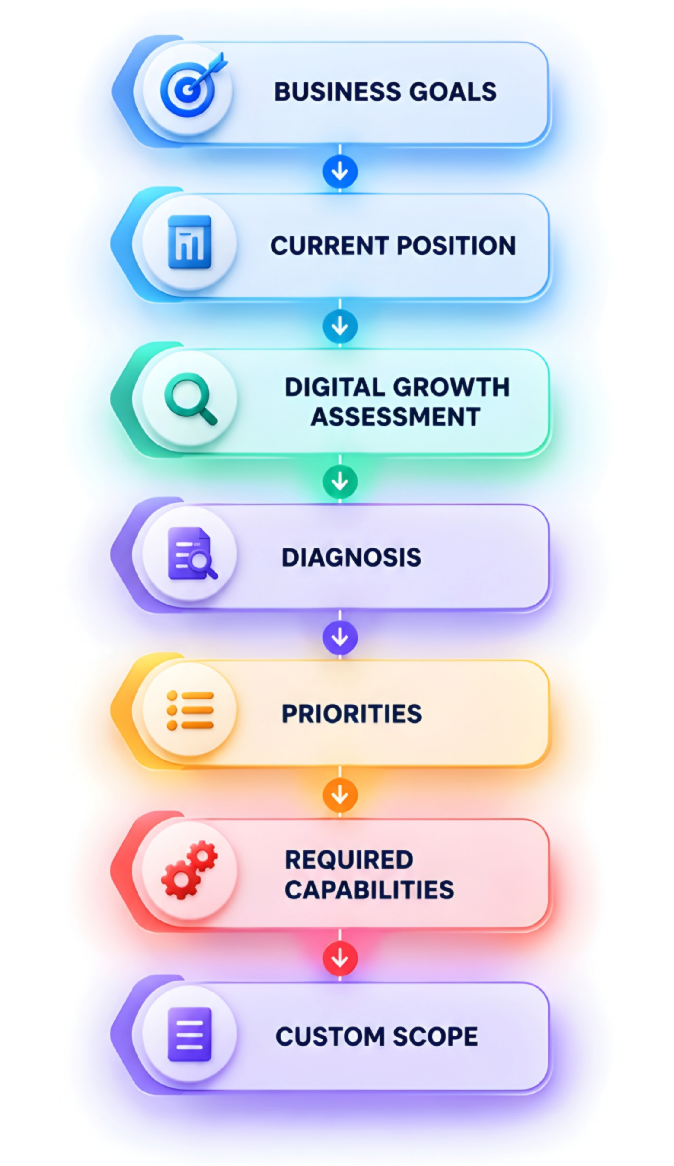 VIXILEAD digital growth process showing the path from business goals and current position through digital growth assessment, diagnosis, priorities, required capabilities, and custom scope.